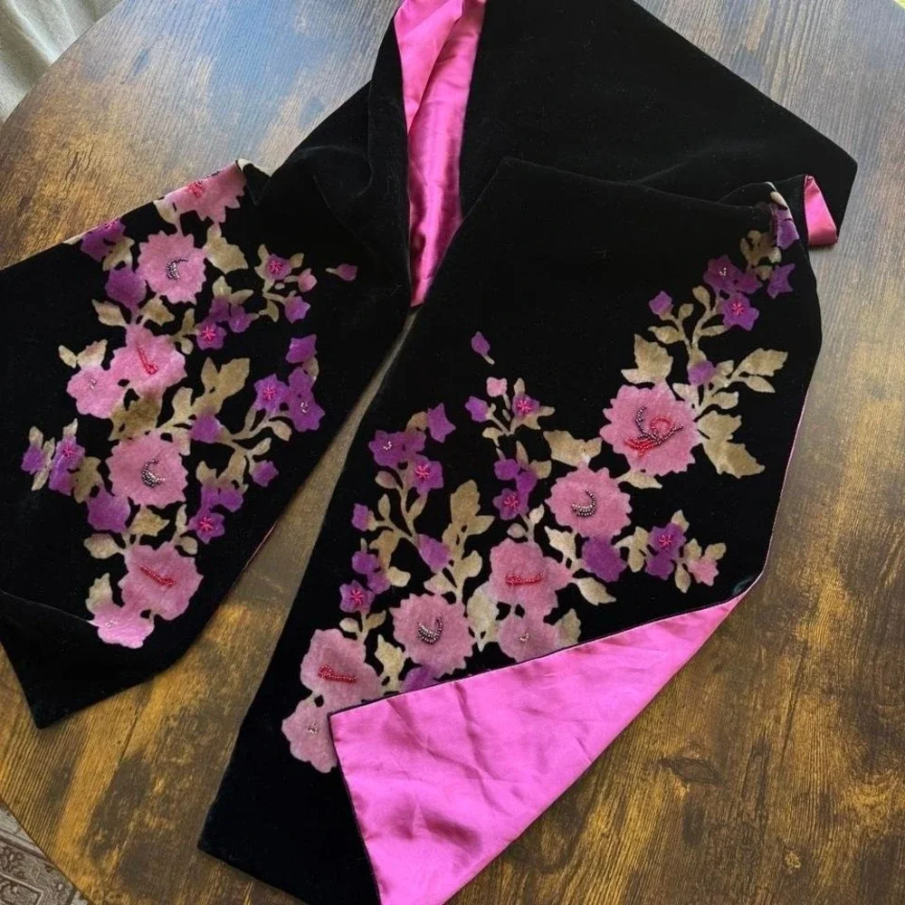 Vintage Casual Corner Velvet Floral Scarf Silk Blend Black Embroidered Beaded